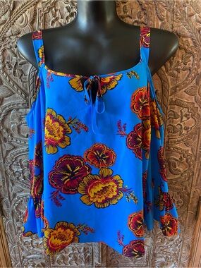 Papaya Bright Blue Floral Tie-Neck Cold-Shoulder Camisole